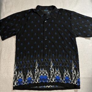 Vintage MT:2 Large Rockabilly Flames Skulls Bowling Button Shirt